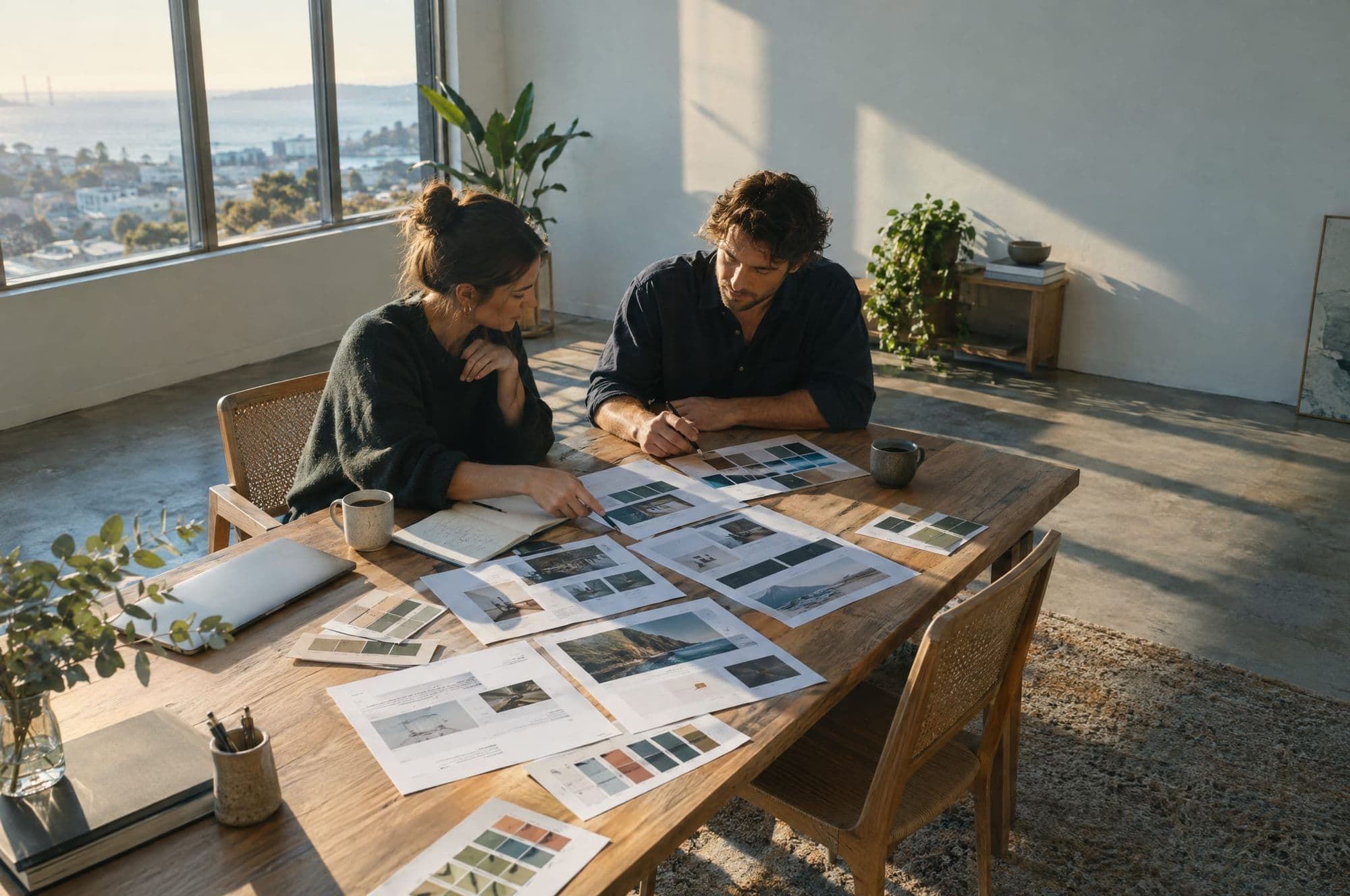 A designer and a founder reviewing printed website layouts and colour swatches