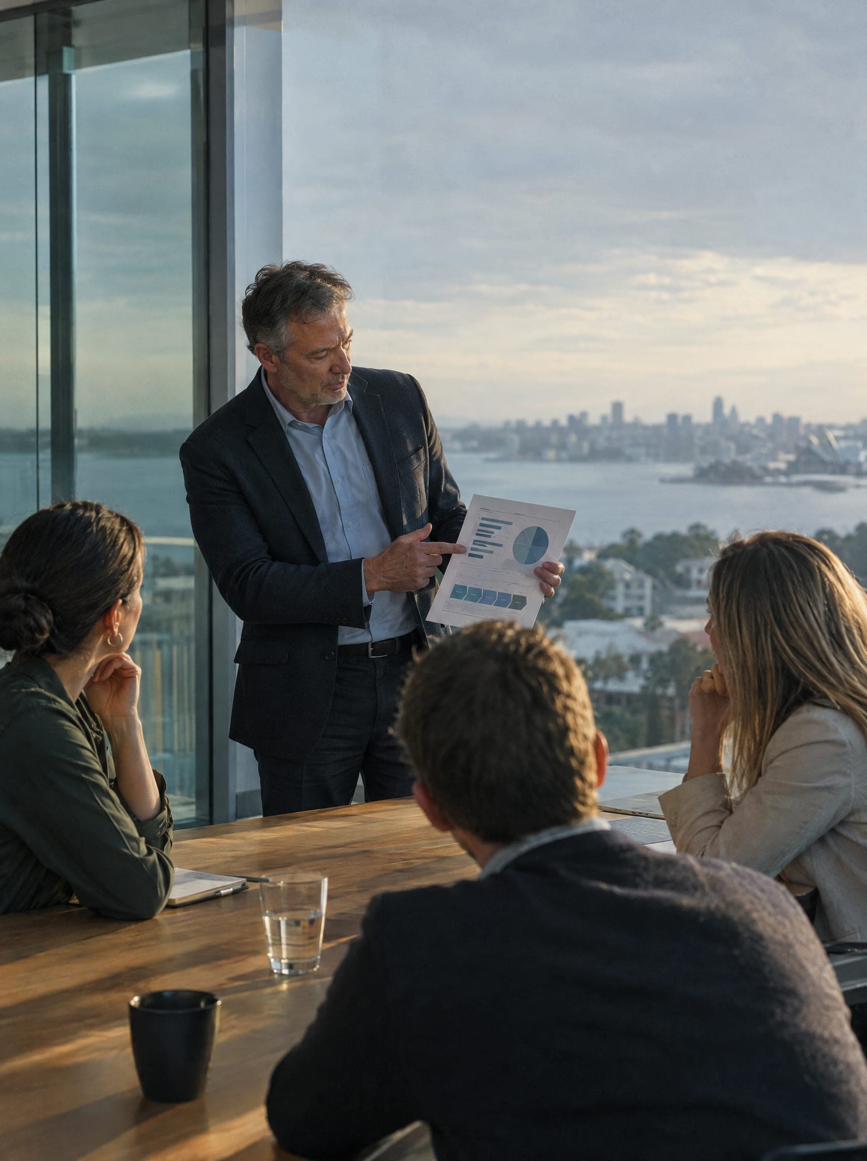 A senior marketing lead presenting a one-page plan to a leadership team
