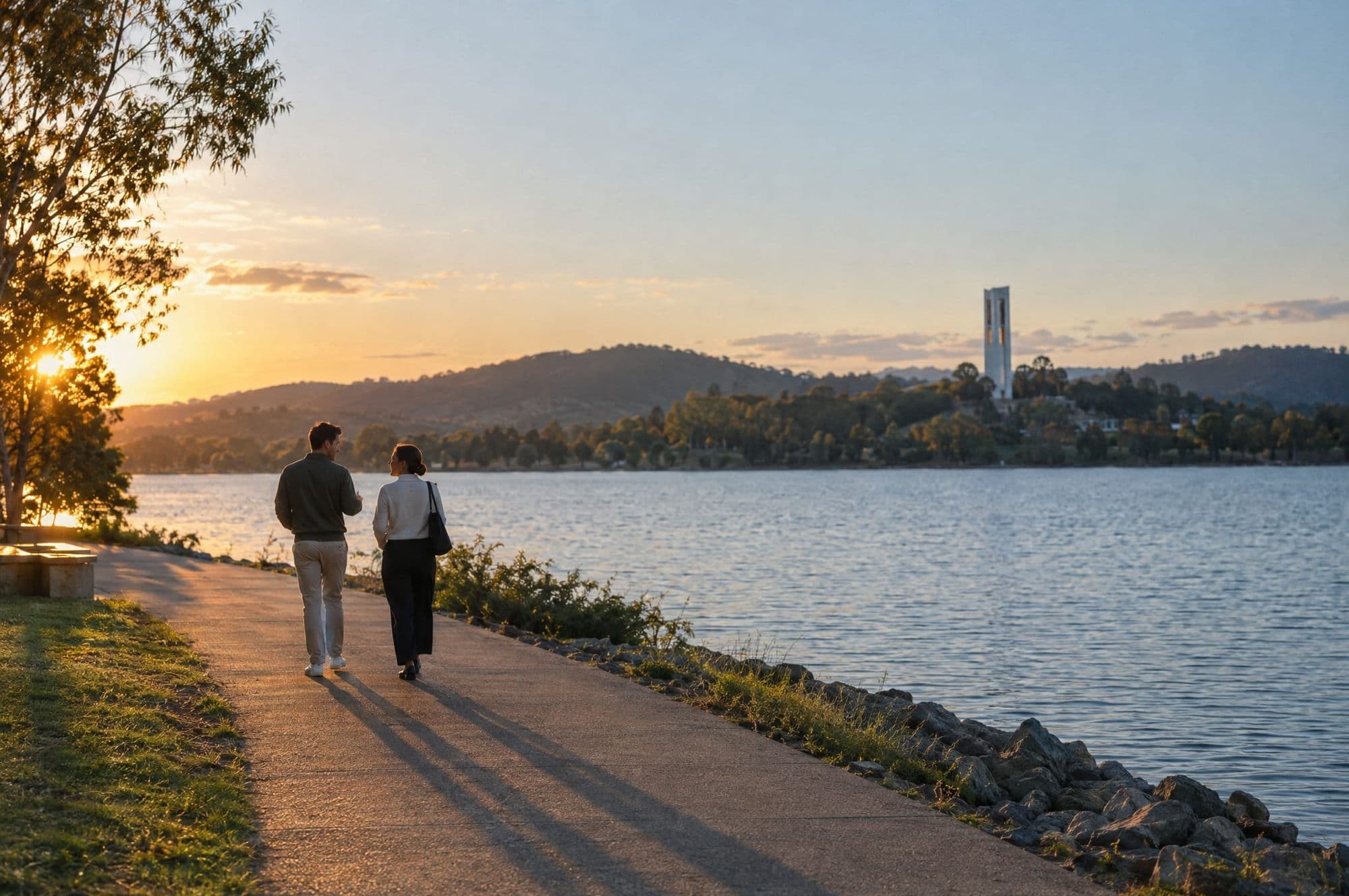 Two colleagues walking along the Lake Burley Griffin foreshore at golden hour