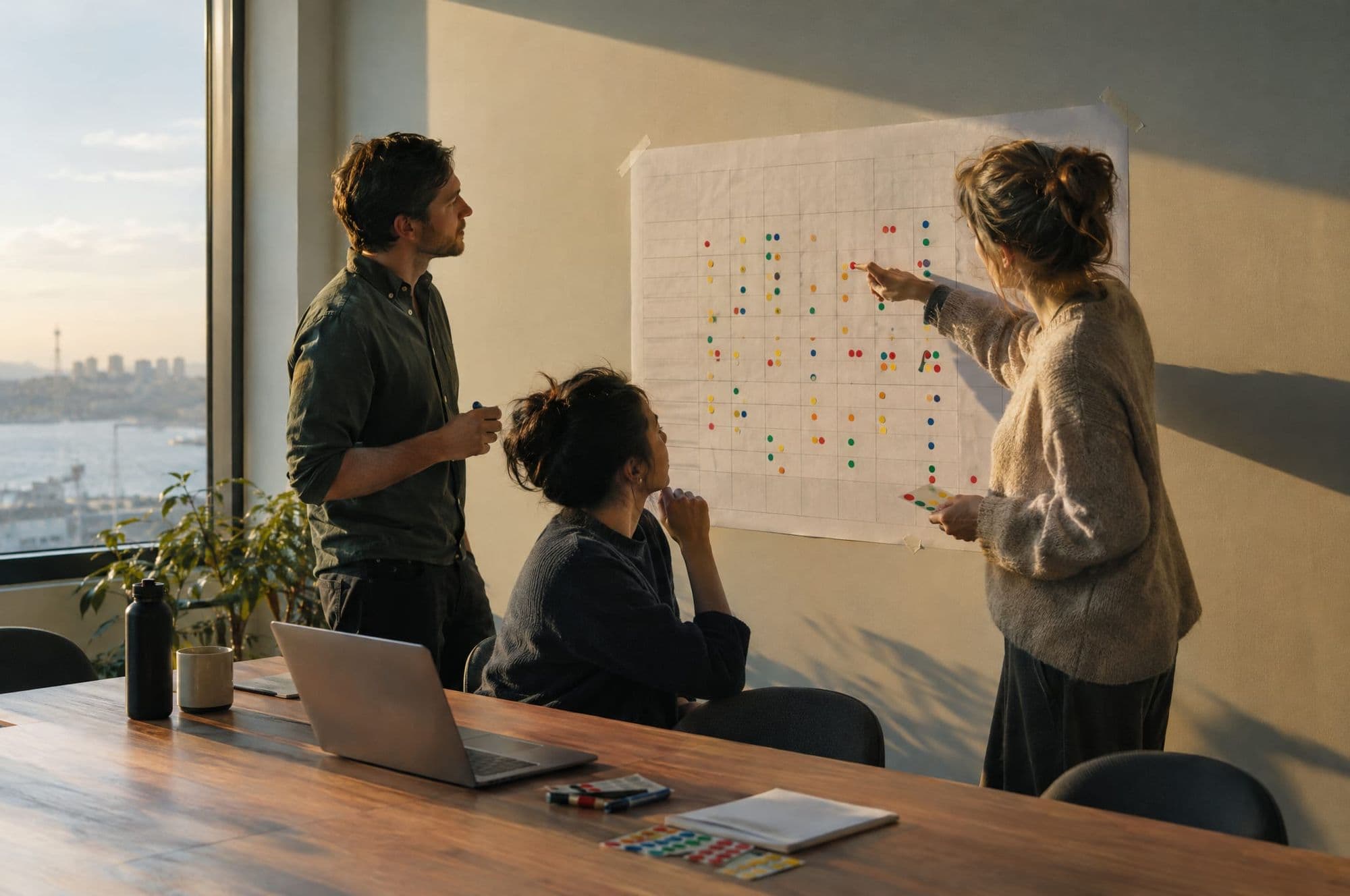 An HR team mapping skills on a printed matrix on the office wall