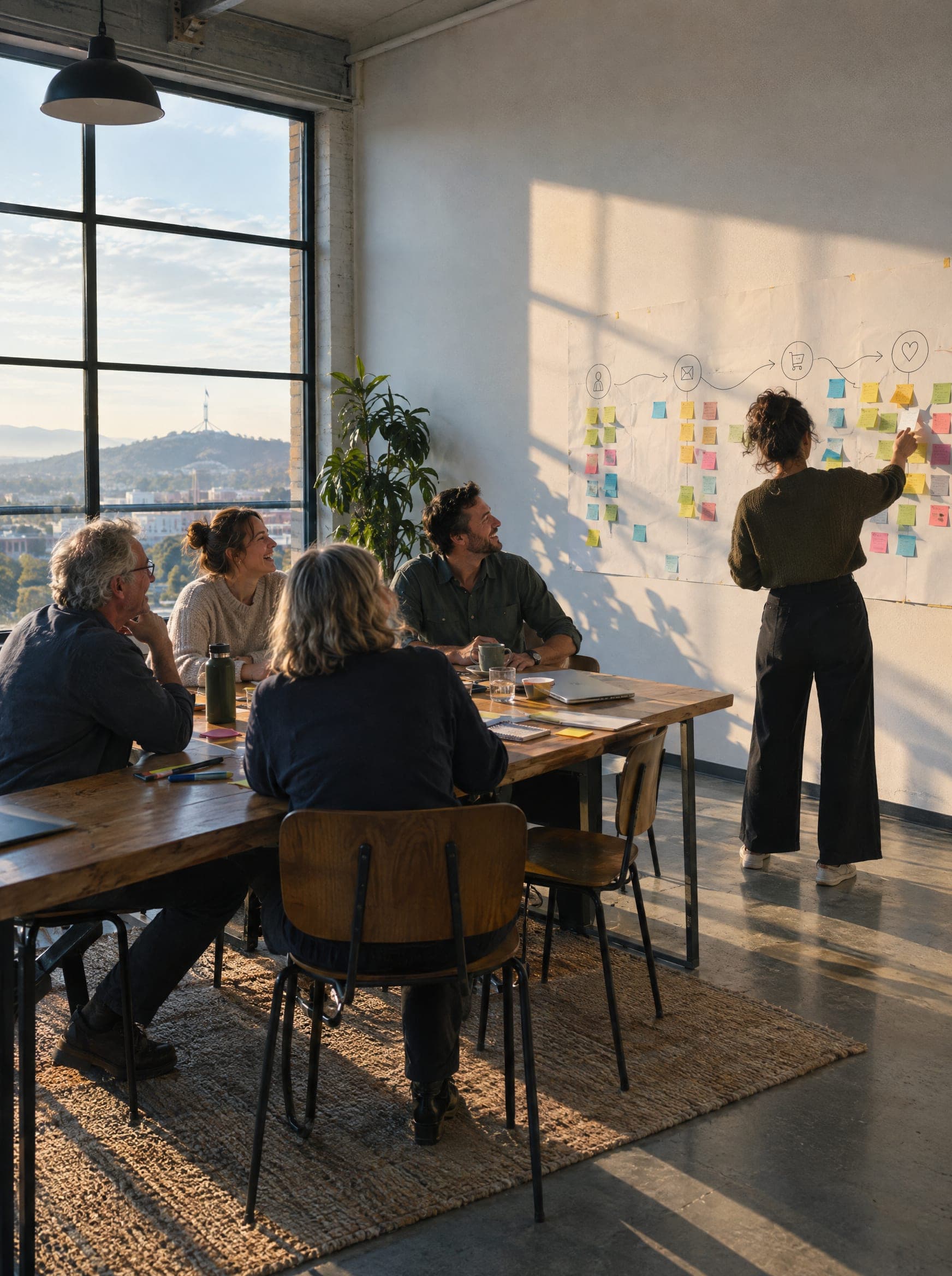 A strategy workshop with a wall of sticky notes in a Canberra office