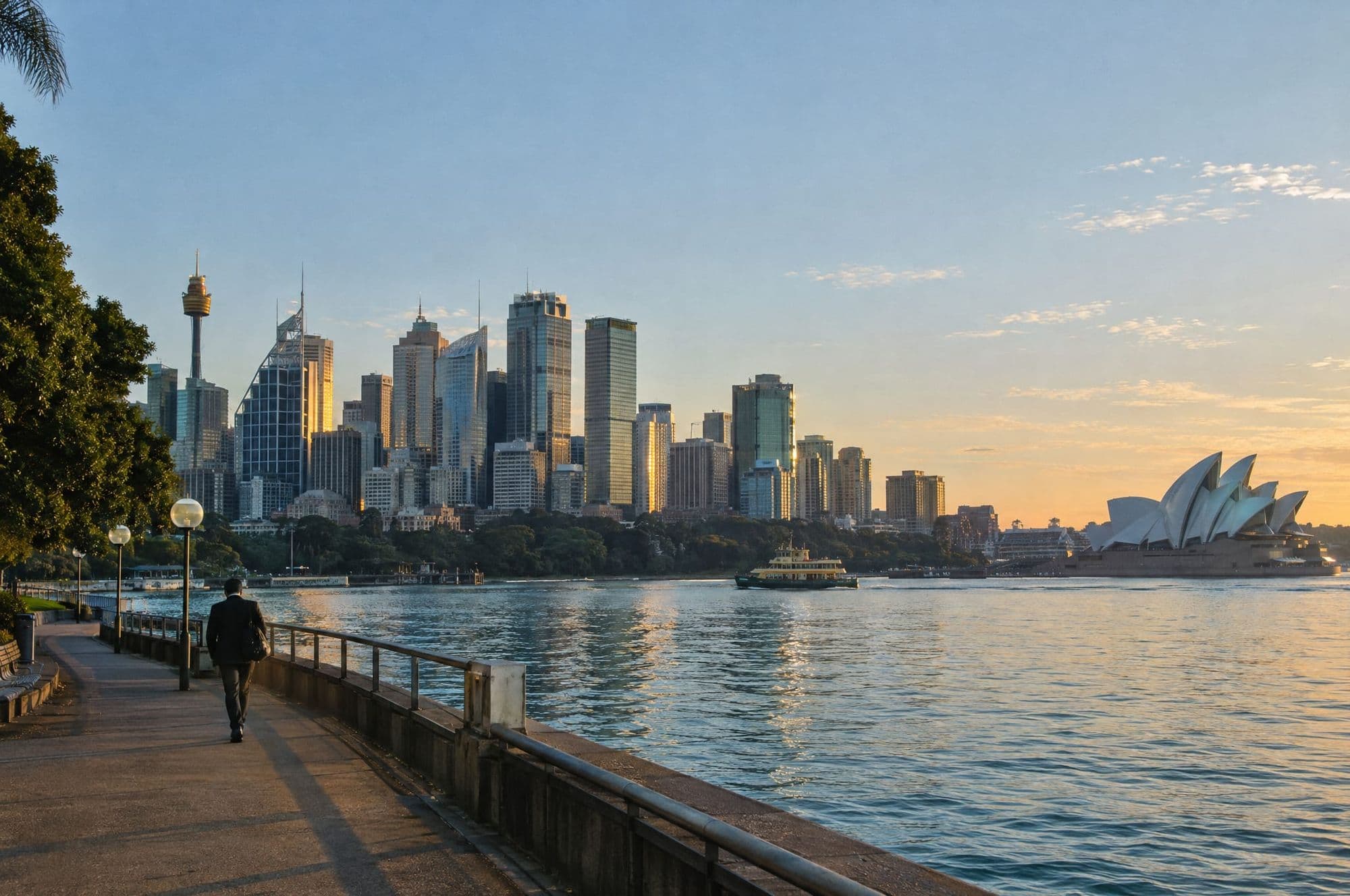 Sydney CBD and the harbour foreshore at dawn