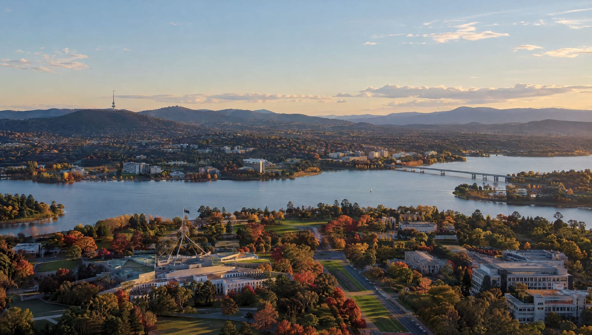Aerial view of the Parliamentary Triangle and Lake Burley Griffin in autumn